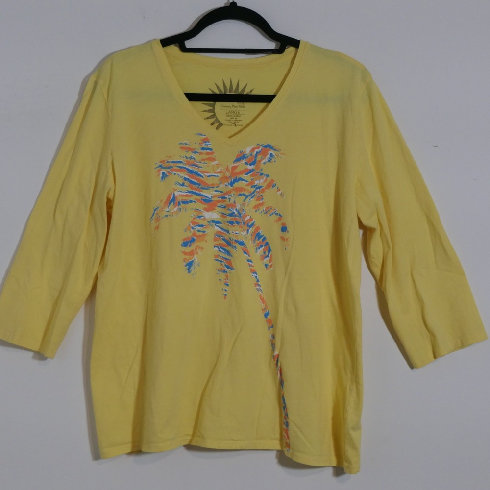 SunBay Womens Tee L Yellow V-Neck Palm Tree UPF 30 Beachy Coastal Tropical Sun